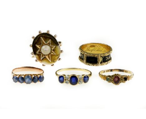 A collection of five ringsComprising: a dress ring rubover-set with oval-cut sapphires, with pairs of old round brilliant-cut