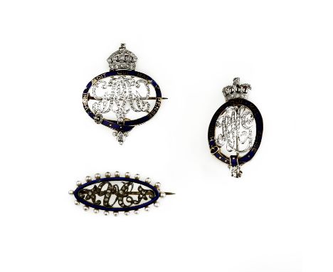 Three assorted diamond and enamel broochesComprising: a Royal Horse Guards brooch, enamelled and set with single and rose-cut