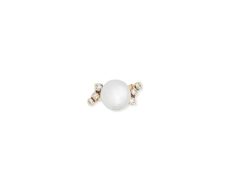 A cultured pearl and diamond ring,With central cultured pearl, measuring approximately 11.9 x 11.8mm, flanked by crossover sh