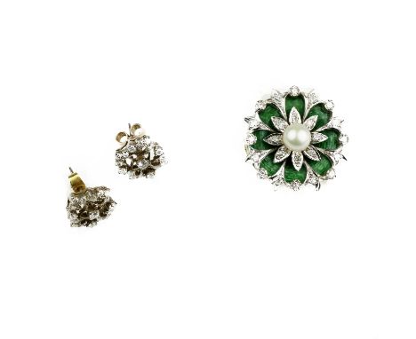 An enamel, cultured pearl and diamond brooch and a pair of diamond earringsThe floral cluster design brooch, with central cul