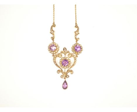 An Amethyst and Seed-Pearl Necklace, EdwardianMillegrain-set with three circular-cut amethyst and seed-pearl clusters to a ne