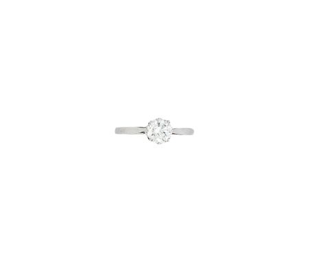 A diamond single-stone ringClaw-set with a round brilliant-cut diamond, estimated weight approximately 0.65ct, to a plain hoo