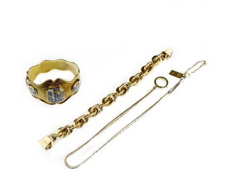 An enamel bangle, a bracelet and a fob chainThe foliate engraved hinged bangle with three shaped enamel panels to the front w