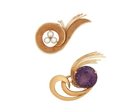 A synthetic amethyst brooch and a cultured pearl broochThe first designed as a wirework and textured scroll, set with a circu