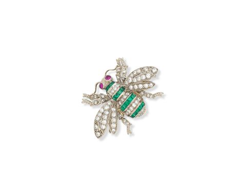 A gem-set bee broochSet throughout with round brilliant-cut diamonds, with circular cabochon-cut ruby eyes, the body channel-