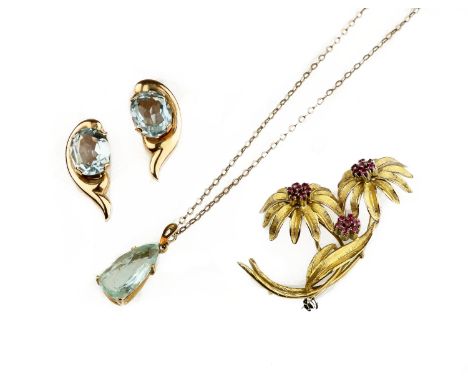 A pair of aquamarine earclips, a similar pendant and a ruby broochThe earclips each claw-set with an oval-cut aquamarine, to 