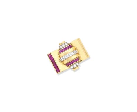 A ruby and diamond clipOf geometric architectural design, set with calibré-cut rubies, square-cut and round brilliant-cut dia