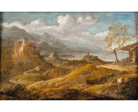 1755 Frankfurt a.M. - 1813 ebd.  Öl/Holz. Weite, hügelige Flusslandschaft mit Burganlage,  Bauerngehöften und strohgedeckter 
