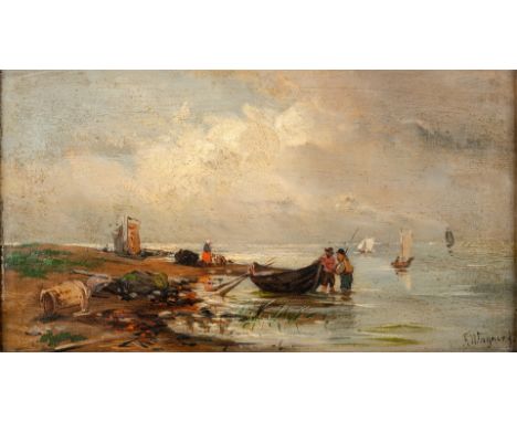 Um 1900.  Öl/Lw. Weite Küstenlandschaft mit Fischerbooten und Fischer am  Ufer. U.r. sign. (Farbabriebe, Craquelé). 23 x 40 c
