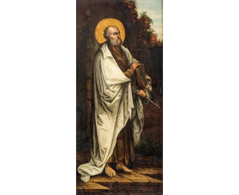 19. Jh.  Öl/Holz. Ganzfigurendarstellung der Apostel Petrus und Paulus.  Auf den Stufen einer Ruinenlandschaft Paulus mit Sch