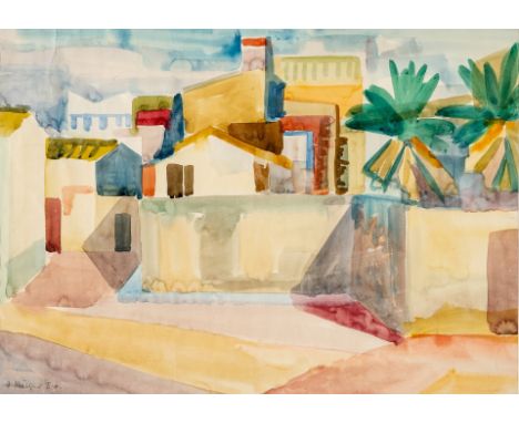 1924 Obersäckingen - 1999 Freiburg. Studium an der  Kunstgewerbeschule Basel.  Aquarell. Blick auf eine spanische Stadtanlage