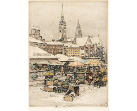 1914 Wien - 2002.  Farbradierung. Der schneebedeckte Viktualienmarkt in München.  U.m. mit Bleistift sign. (Gebr., Lichtrand)