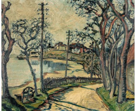 Um 1900. Öl/Malpappe. Blick von einer Straßenbiegung auf weite  Seelandschaft mit Häusersilhouette. Seitl.r. sign. u. 1921 da