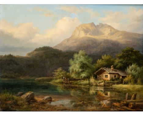 1811 Frankfurt a.M. - 1893 ebd. Öl/Lw. Sommerliche Gebirgslandschaft mit Blick auf einen See mit  einer Holzkate am Ufer. Vor