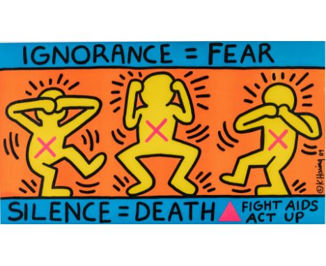 1958 Reading/Pennsylvania - 1990 New York.  Offsetlithogr. 'Ignorance=Fear. Silence=Death. Fight AIDS'.  Hrsg. ACT-Up. Seit. 