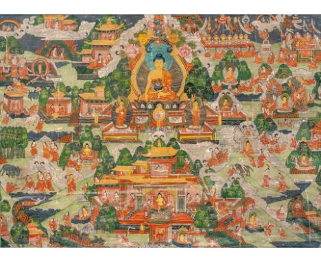 Tibet, 19./20. Jh. Gouache auf Leinen. Im Zentrum auf Lotosthron sitzender Buddha,  umgeben von Szenen seines Lebens. (Farbab