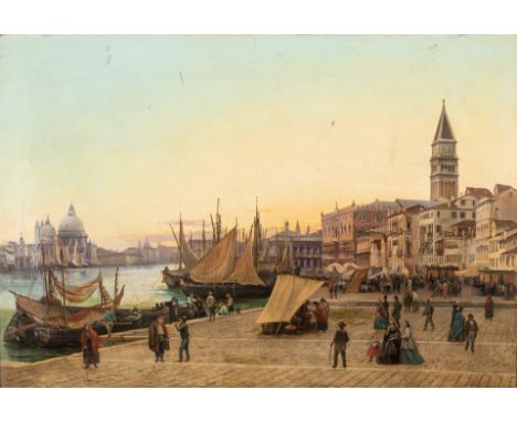 1. Hälfte 19. Jh.  Öl/Lw. Venedig im Abendlicht. Blick auf die belebte Riva degli  Schiavoni mit Blick über den Canale auf da