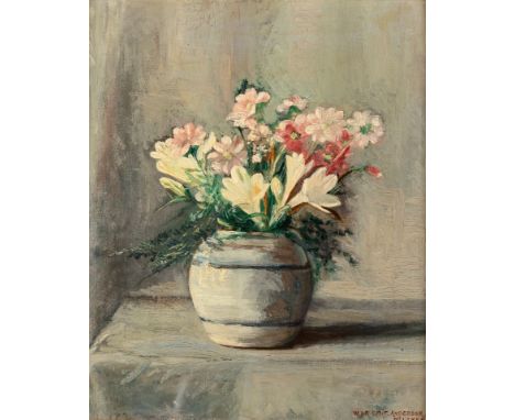 Um 1900.  Öl/Malpappe. Auf weißem Tischtuch prächtiger Frühlingsstrauß in  einer Keramikvase. U.r. sign. 28 x 24 cm. R.