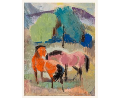 1895 Herbolzheim - 1954 Freiburg. Gouache. Rote Pferde in baumbestandener Landschaft. U.r. mit  Bleistift monogr. u. 49(19) d