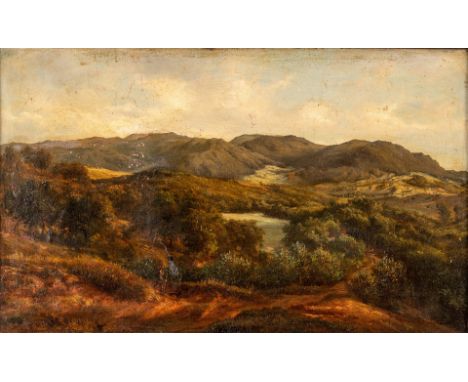 1811 Frankfurt a.M. - 1893 ebd.  Öl/Lw. Weite, hügelige, busch- und strauchbestandene Landschaft  mit Jägersmann. U.r. M mono
