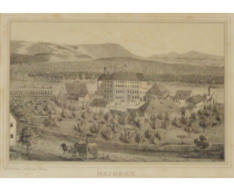 19. Jh.  Zwei Lithographien. Ansicht der Schlossanlage von Beuggen. Im  Stein P. Brugier bez. u. bet. 14 x 21,5 cm. Pass. R. 