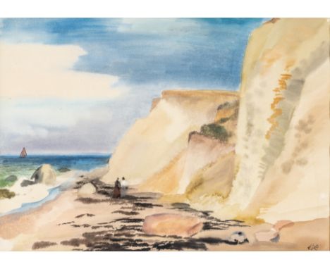 1. Hälfte 20. Jh.  Aquarell. Weite Küstenlandschaft. Vorne am Ufer zwei Damen am  Kreidefelsen. U.r. monogr. 46 x 64 cm. Pass