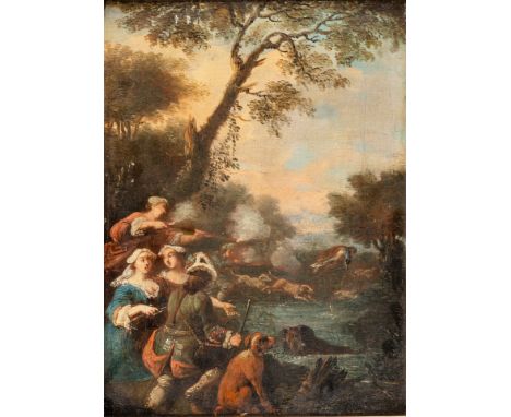 17./18. Jh. Öl/Lw. Fasanenjagd. In sommerlicher Landschaft Jäger und  Jägerinnen mit Hundemeute. (Craquelé). 29 x 20,5 cm. R.