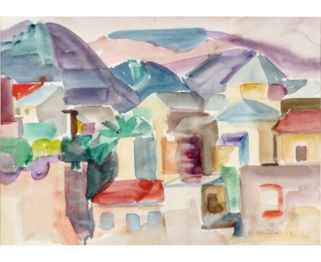 1924 Obersäckingen - 1999 Freiburg. Studium an der  Kunstgewerbeschule in Basel.  Aquarell. Südliche Stadtansicht. U.r. sign.