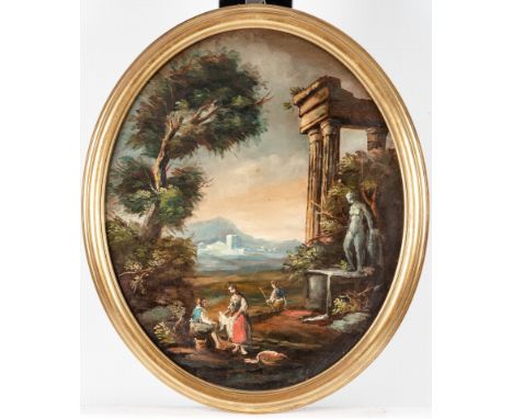 19. Jh  Öl/Lw., aufgez. Südliche, weite Landschaft mit Tempelruine.  Vorne Bauernfamilie. Ovaler Bildausschnitt. 58,5 x 49 cm