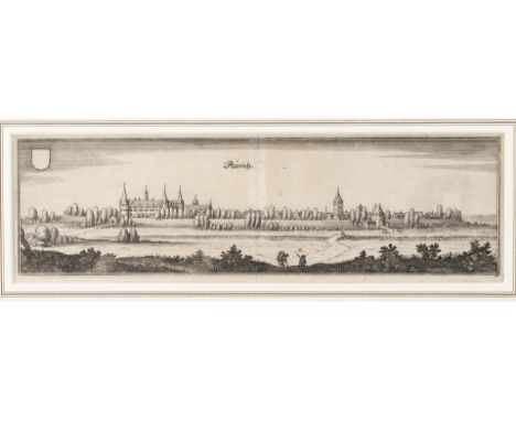17. Jh.  Kupferstich. Gesamtansicht von Aurich, Ostfriesland. Um 1653.  Matthäus Merian aus: Topographia Westfaliae. (Mittig 