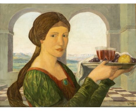 1873 Freiburg - 1950 ebd. Öl/Lw. Vor Arkadenfenster junge edle Dame mit einem Tablett  gefüllt mit Rotweingläsern und Weintra