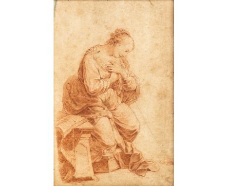 1730 München - 1797 Ehrenbreitstein.  Rötelzeichnung. Mariae Verkündigung. Skizze der Maria mit  überkreuzten Händen vor der 