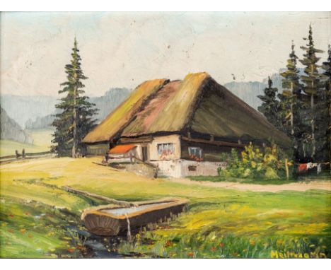 1881 Neustadt/Orla - 1935 Freiburg.  Öl/Malpappe. Frühling im Schwarzwald mit Blick auf ein  Schwarzwälder Bauerngehöft am Wa