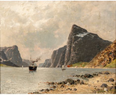 1860 Saarburg - 1912 Düsseldorf. Öl/Lw., aufgezogen auf Pavatex. Fjordlandschaft mit Dampfer.  (Farbabriebe, rest.). U.r. sig