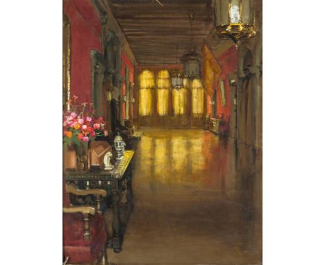 Um 1900. Mischtechnik. Blick in das Interieur eines  Renaissance-Schlosses. U.r. monogr. u. 1908 dat. 74 x 55 cm. R.