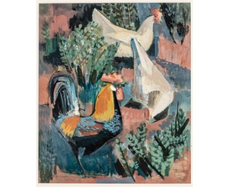 1895 Herbolzheim - 1954 Freiburg. Gouache. Hühnerhof mit Hahn und zwei Hennen. U.l. monogr. 27 x  22 cm. Pass. R.  Lit.: 1,8,