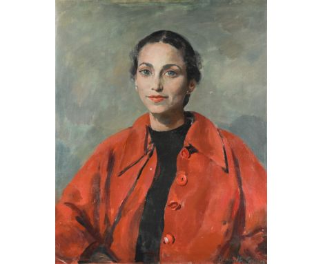 § Kenneth Green, RP (British, 1905-1986) Portrait of a lady, half length, in a red jacket and black top signed lower right "K