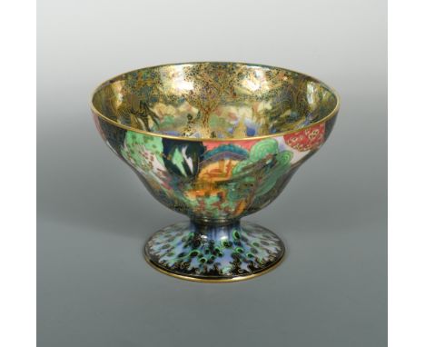 Daisy Makeig-Jones for Wedgwood, a Garden of Paradise pattern Fairyland Lustre Melba Centre Footed Bowl, circa 1925, shape 22
