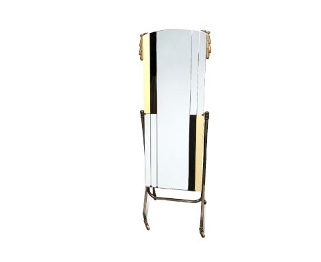 A mid-20th century cheval mirror, the arched plate glass flanked by mirrored, black and white glass panels to a tubular steel