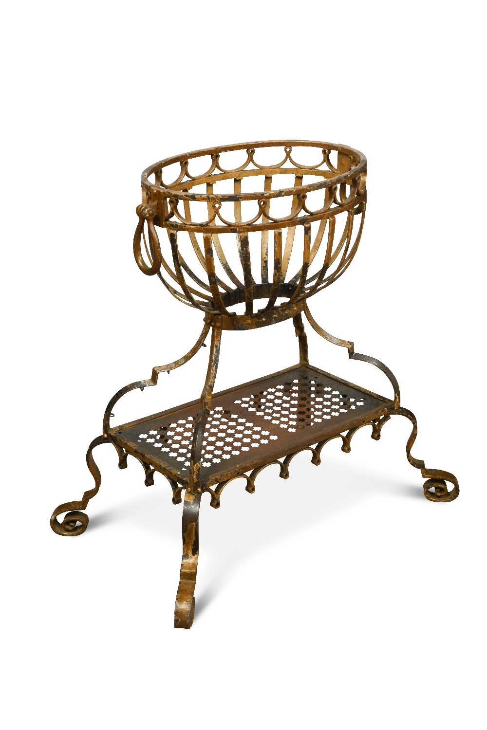 An early 20th century gilt painted wrought iron jardiniere, the oval ...