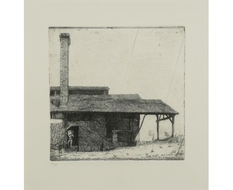 § Bernard Leach, CH, CBE (British, 1887-1979) Factory with tall chimney and workman with sacks, 1909 numbered in pencil 18/25