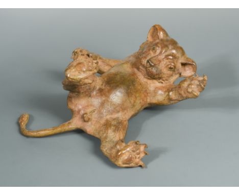 § Jean Lemonnier, (French, born 1950), Lion Cub on its back, a bronze study, 2018, light brown patination, signed in the bron