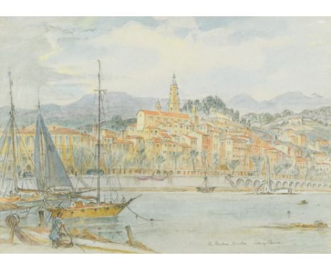 § William Sidney Causer (British, 1876-1958) Menton, France, with a view of Saint Michel Basilica, from across the harbour, w