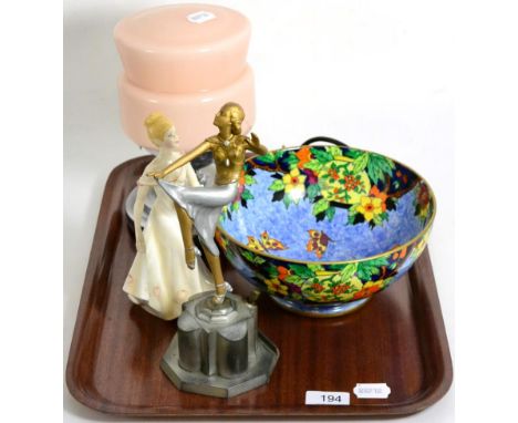 An Art Deco style figural table striker in the form of a dancing lady together with deco lamp, Maling bowl and another figure