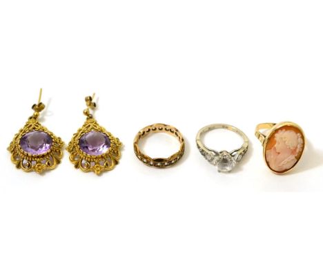 An 18ct gold cubic zirconia ring, a pair of amethyst earrings, a cameo ring and an eternity ring CZ ring - Finger size K, 3.7