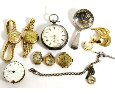 A silver cased open faced pocket watch, four wristwatches (two lacking straps), a brooch fob watch, two compass charms and a 