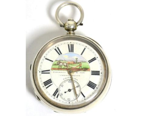 A silver open faced pocket watch, signed G Barnes & Son Corner House, Gainsboro, Chester hallmark 1891, enamel dial with plou