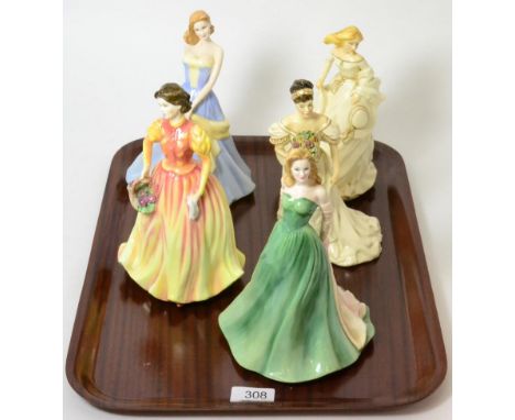 Five Royal Doulton figures 'In Vogue Taylor' HN4496, 'Summer Breeze' HN3724, 'Autumn Flowers' HN3918, Sophie HN3715 and 'Wedd