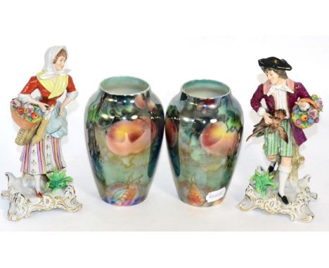 A pair of Sitzendorf porcelain figures and a pair of Burleigh ware lustre vases 