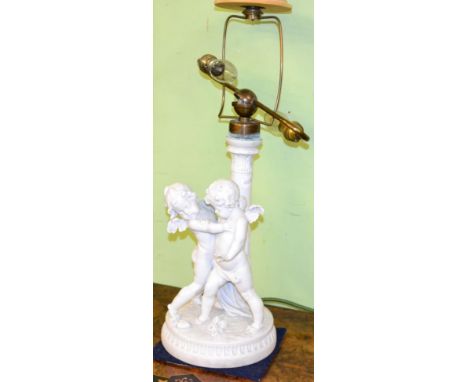 A Parian figural table lamp decorated with putti